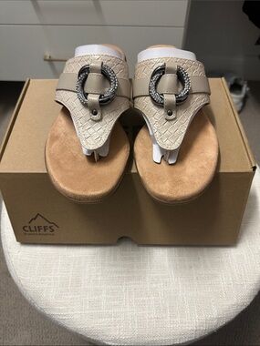 Cliffs by White Mountain Beige Thong Sandals with Decorative Buckle